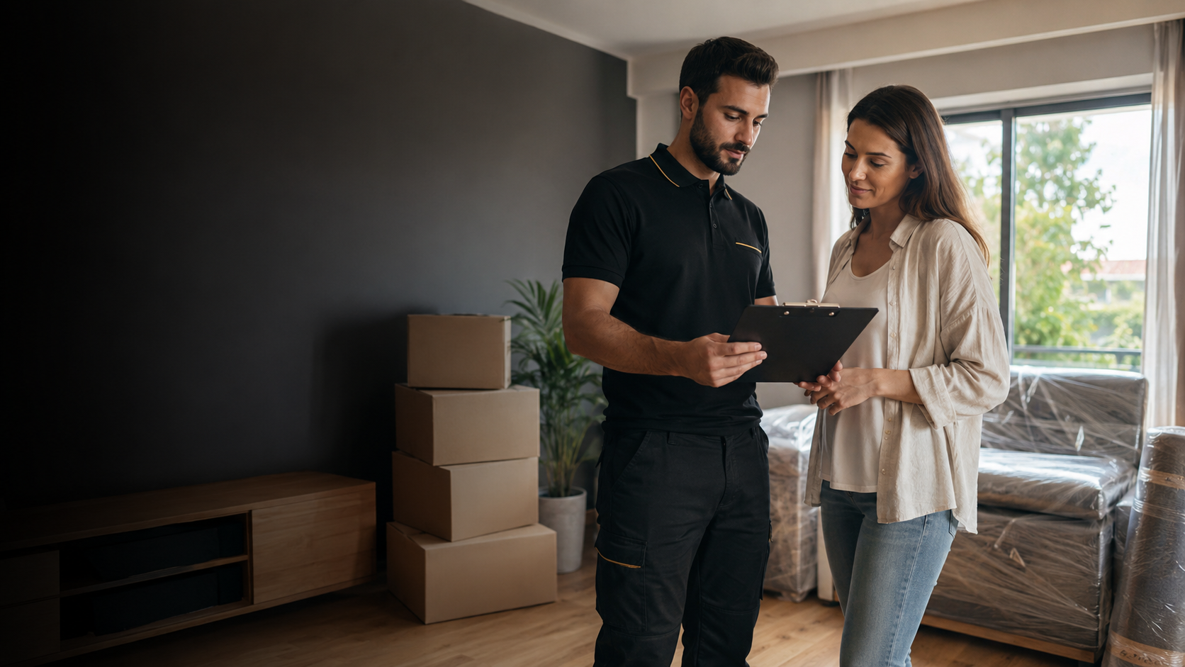 Profissional da Movelux a analisar os detalhes de uma mudança com uma cliente